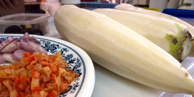 Peeled radishes, diced dried shrimp and sliced shallots.