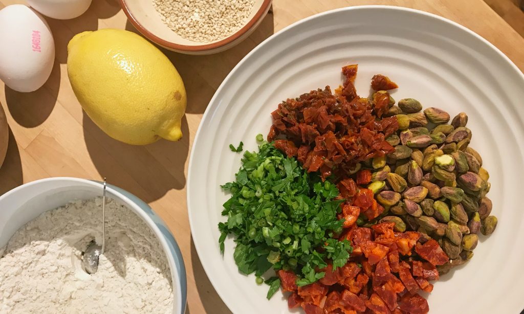 pistachio and chorizo aperitif cake